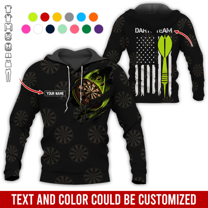 Customized Name & Team Name Darts Premium Hoodie, American Flag & Darts Pattern Black Hoodie, Perfect Gift For Darts Lovers, Friend, Family