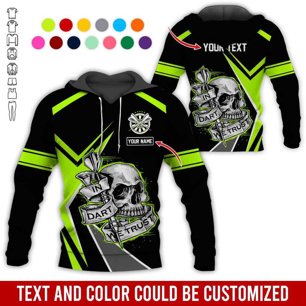 Customized Name & Text Darts Skull Premium Hoodie, In Darts We Trust Skull Pattern Colorful Hoodie, Perfect Gift For Darts Lovers, Friend, Family