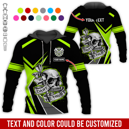 Customized Name & Text Darts Skull Premium Hoodie, In Darts We Trust Skull Pattern Colorful Hoodie, Perfect Gift For Darts Lovers, Friend, Family