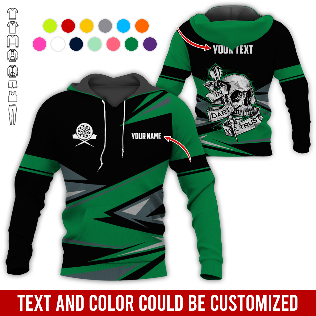 Customized Name & Text Darts Skull Premium Hoodie, In Darts We Trust Hoodie For Men & Women, Perfect Gift For Darts Lovers, Friend, Family