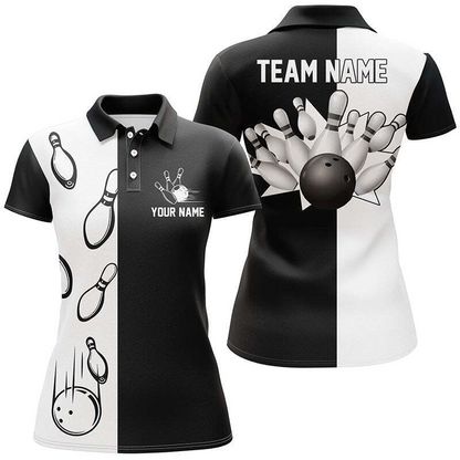Personalized Bowling Custom Women Polo Shirt, Custom Name Black And White Retro Vintage Bowling Polo Shirt For Bowlers