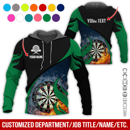 Personalized Fire & Water Darts Premium Hoodie, Customized Name & Text Darts Hoodie, Honeycomb Pattern Hoodie, Perfect Gift For Darts Lovers, Darts Player