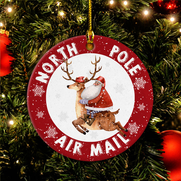 Santa Claus Ceramic Christmas Ornament - North Pole Air Mail Circle Ceramic Ornament, Perfect Gift For Christmas, Holiday Decor