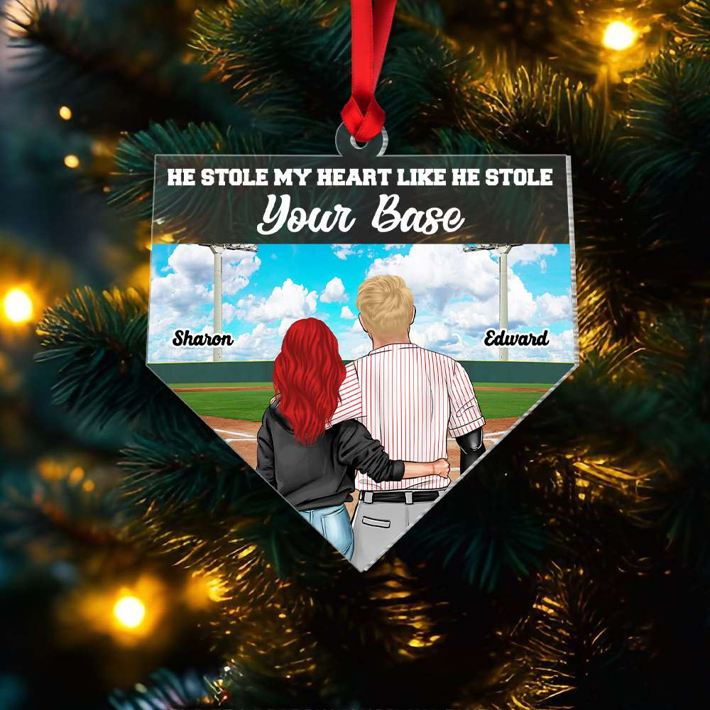 Custom Baseball Acrylic Ornament, Baseball He Stole My Heart Like He Stole Your Base Acrylic Ornament - Perfect Gift For Couple, Baseball Lover, Christmas, New Year