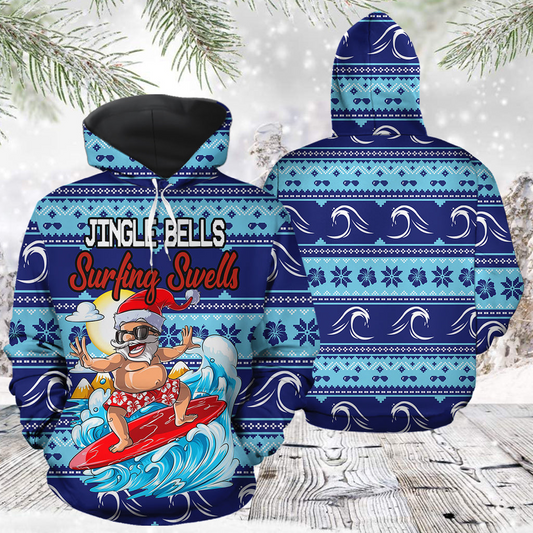 Santa Pullover Premium Hoodie Jingle Bells Surfing Swells, Perfect Outfit For Men And Women On Christmas New Year Autumn Winter