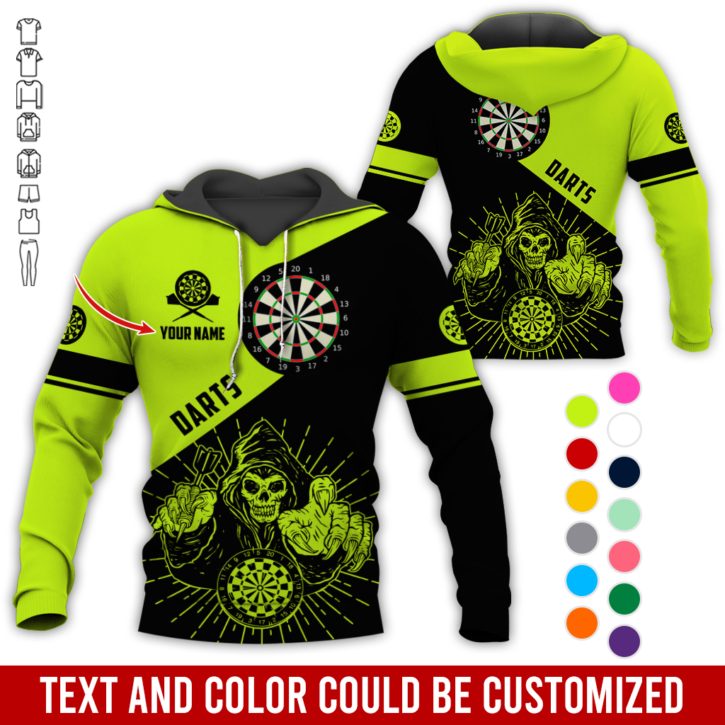 Customized Name Darts Skull Premium Hoodie, Skeleton Playing Darts Pattern Hoodie, Perfect Gift For Darts Lovers, Friend, Family