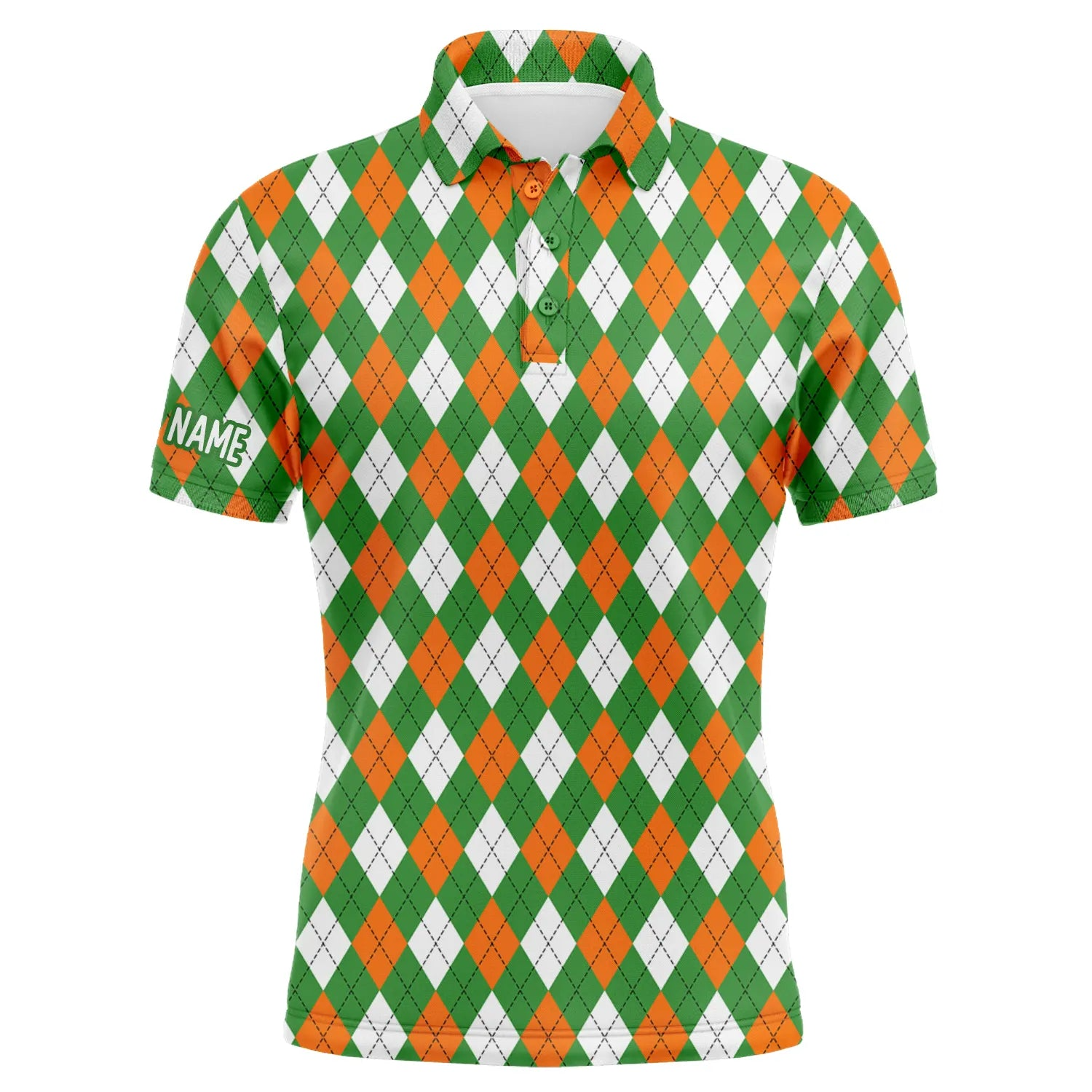 Golf Men Polo Shirt - St Patrick's Day White Green Orange Argyle Plaid Pattern Custom Name Apparel - Personalized Gift For Golf Lover, Team