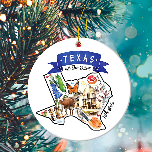 Artistic Texas Ceramic Christmas Ornament - Artistic Texas State Landmarks Circle Ceramic Ornament, Gift For Christmas, Holiday Decor