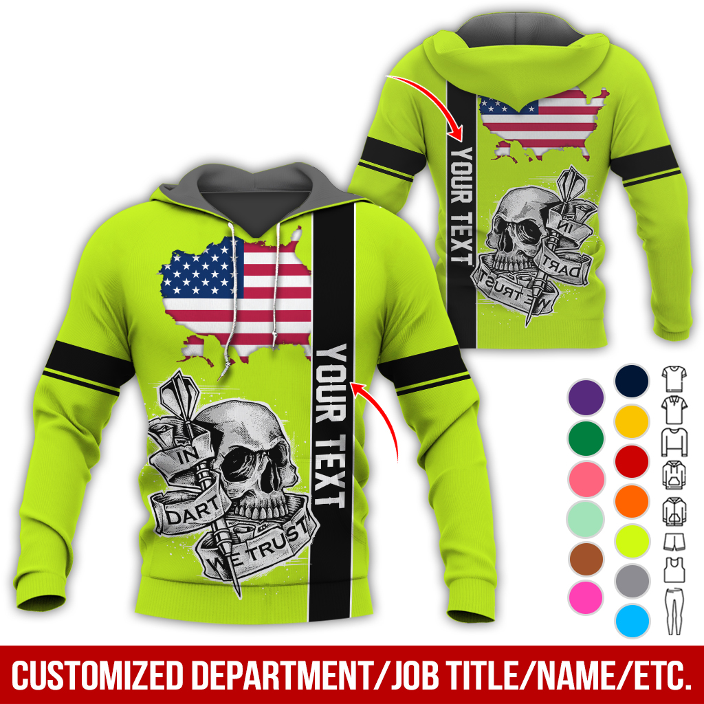 Customized Name & Text Darts Skull Premium Hoodie, In Darts We Trust Skull & American Map Pattern Hoodie, Perfect Gift For Darts Lovers, Friend, Family