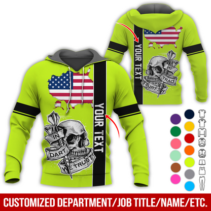 Customized Name & Text Darts Skull Premium Hoodie, In Darts We Trust Skull & American Map Pattern Hoodie, Perfect Gift For Darts Lovers, Friend, Family