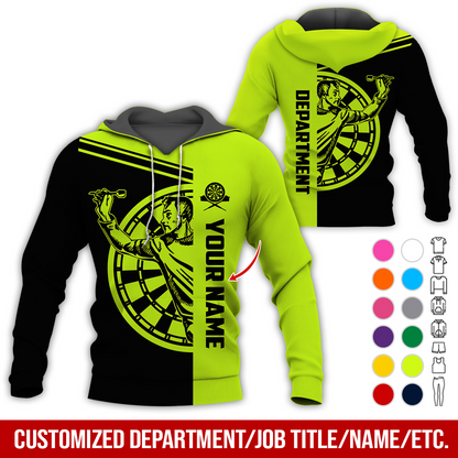 Customized Name & Department Darts Premium Hoodie, Man Playing Darts Pattern Black Hoodie, Perfect Gift For Darts Lovers, Friend, Family