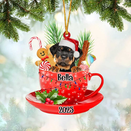 Custom Dog Acrylic Christmas Ornament, Personalized Awesome Rottweiler & Santa Hat In Red Cup Christmas Acrylic Ornament for Dog Lover