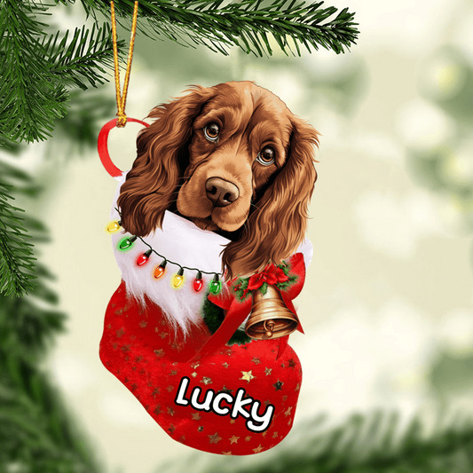 Custom Dog Acrylic Christmas Ornament, Personalized Sussex Spaniel In Stocking Christmas Acrylic Ornament for Dog Lover, New Year