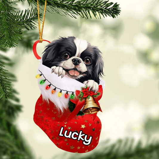 Custom Dog Acrylic Christmas Ornament, Personalized Japanese Chin In Stocking Christmas Acrylic Ornament for Dog Lover, New Year