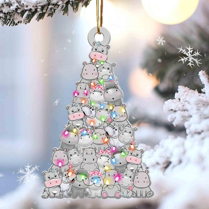 Custom Hippo Acrylic Christmas Ornament, Personalized Hippo Christmas Tree Shaped Christmas Acrylic Ornament for Hippo Lover