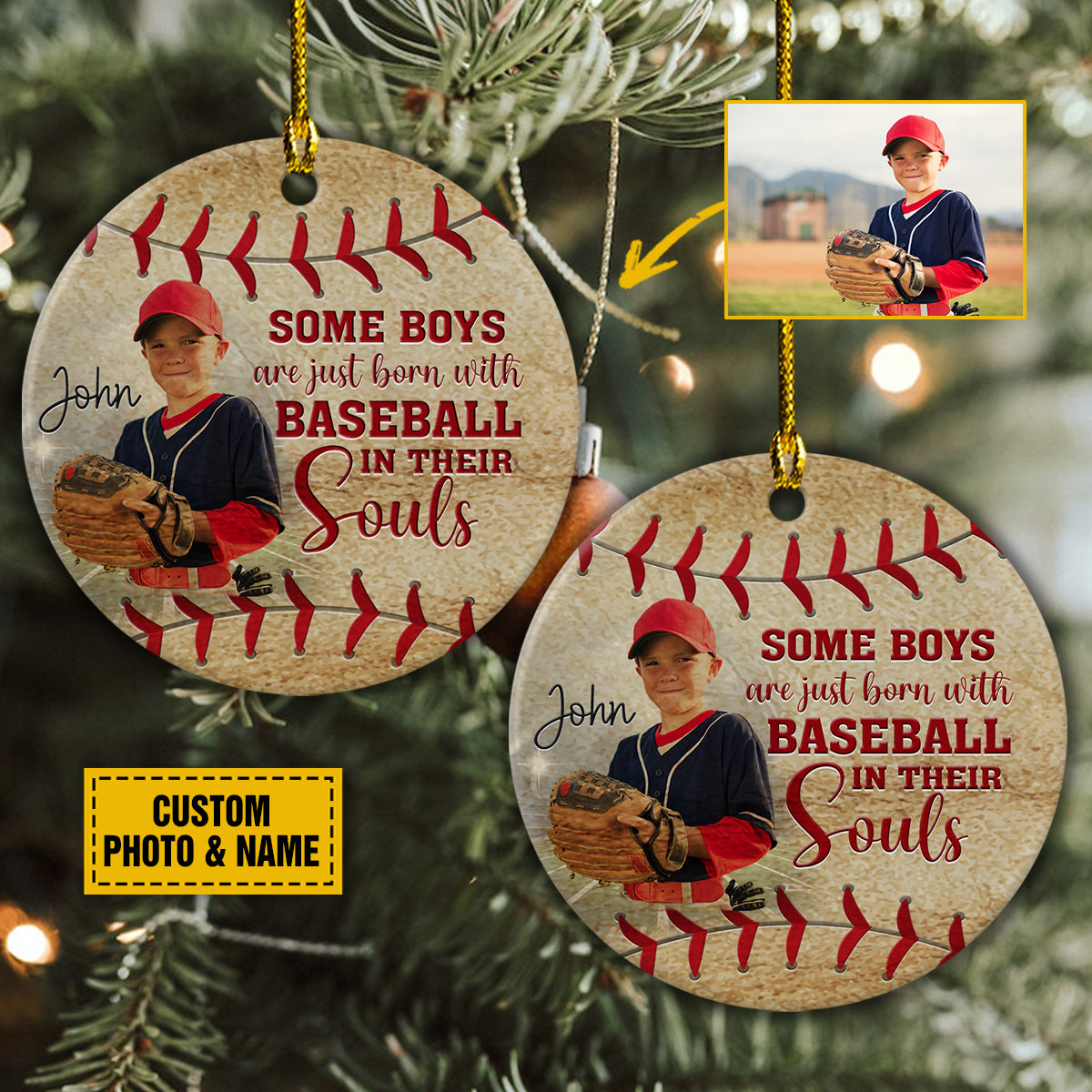 Personalized Baseball Ceramic Christmas Ornament - Some Boys Are Just Born With Baseball In Their Souls Ceramic Ornament For Baseball Lover