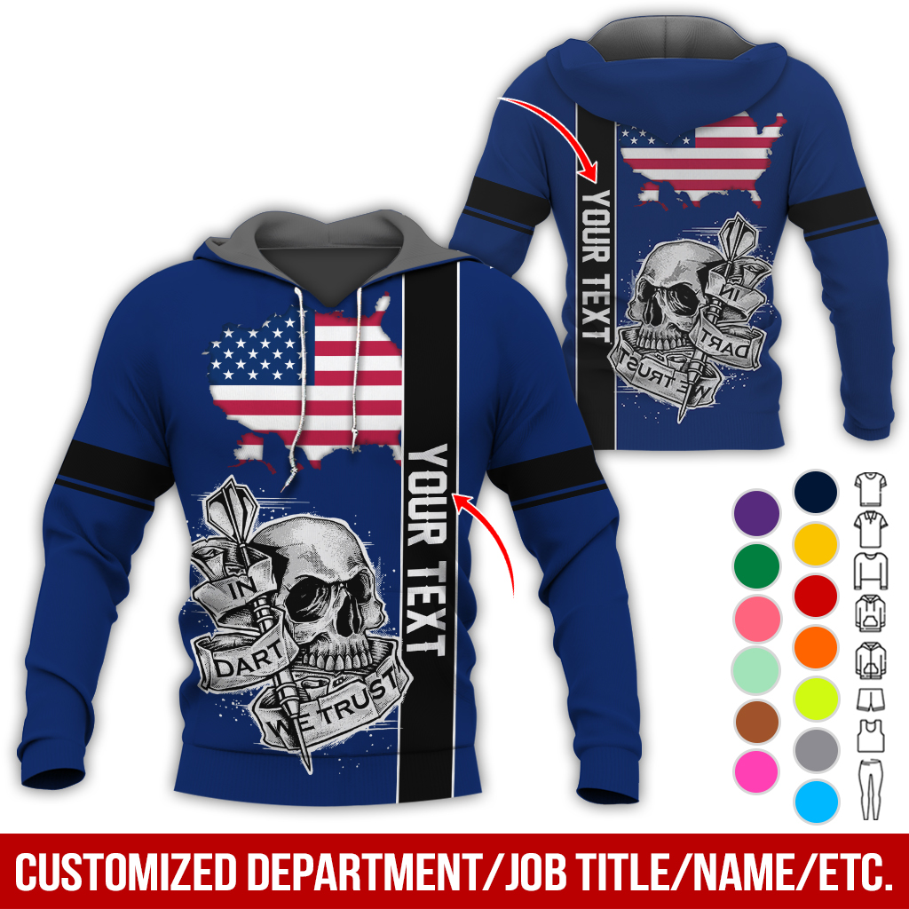 Customized Name & Text Darts Skull Premium Hoodie, In Darts We Trust Skull & American Map Pattern Hoodie, Perfect Gift For Darts Lovers, Friend, Family