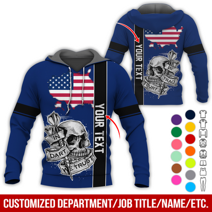 Customized Name & Text Darts Skull Premium Hoodie, In Darts We Trust Skull & American Map Pattern Hoodie, Perfect Gift For Darts Lovers, Friend, Family