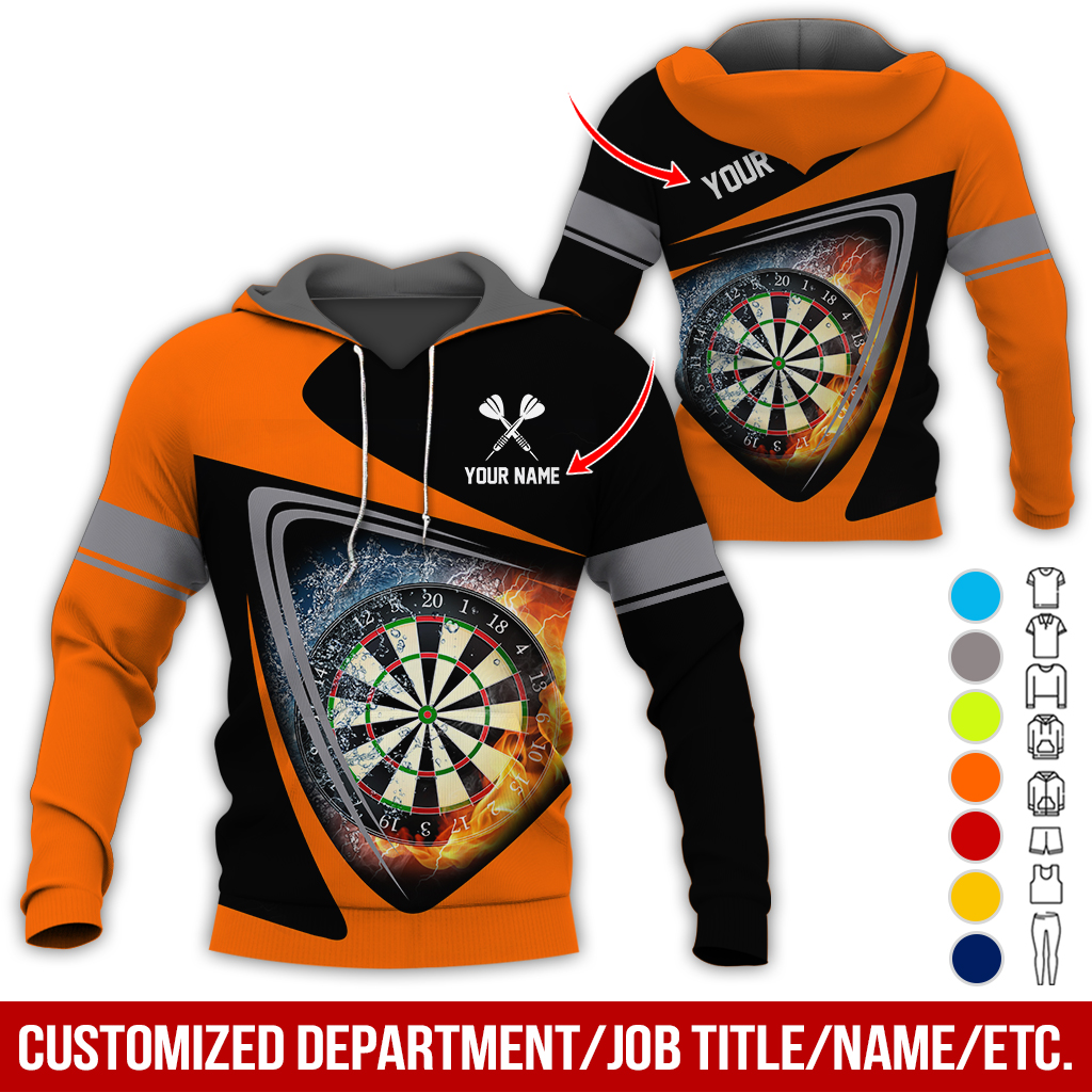Customized Name & Text Darts Premium Hoodie, Fire & Water Dartboards Pattern Hoodie, Perfect Gift For Darts Lovers, Darts Player