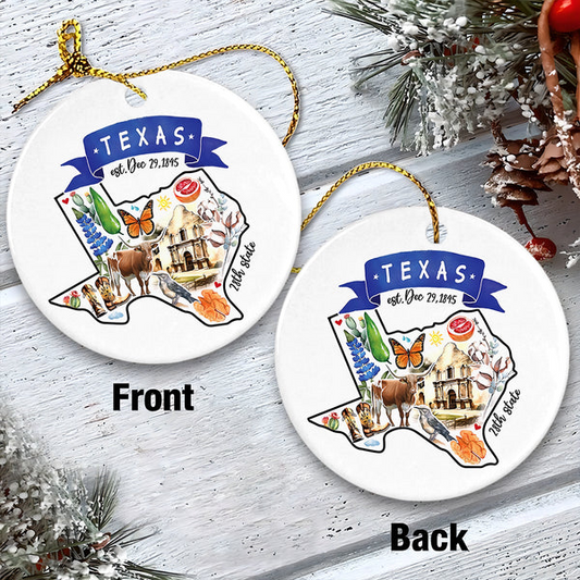 Artistic Texas Ceramic Christmas Ornament - Artistic Texas State Landmarks Circle Ceramic Ornament, Gift For Christmas, Holiday Decor