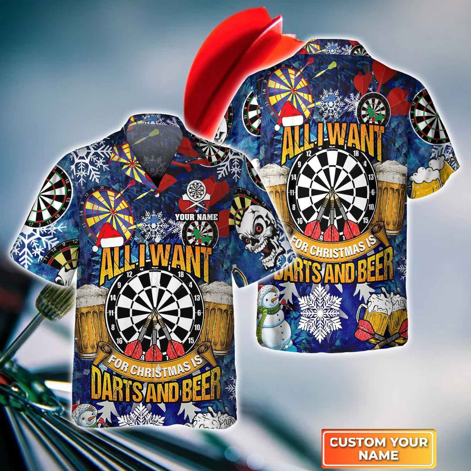 Personalized Beer & Darts Hawaiian Shirt - Custom Name All I Want For Christmas Is Darts And Beer Hawaiian Shirts For Darts Lovers