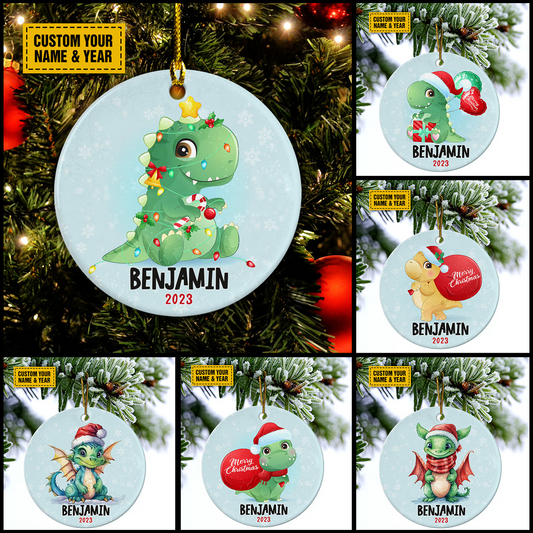 Personalized Dinosaurs Ceramic Christmas Ornament - Cute Dinosaurs Christmas Customized Ceramic Ornament, Perfect Gift For Christmas