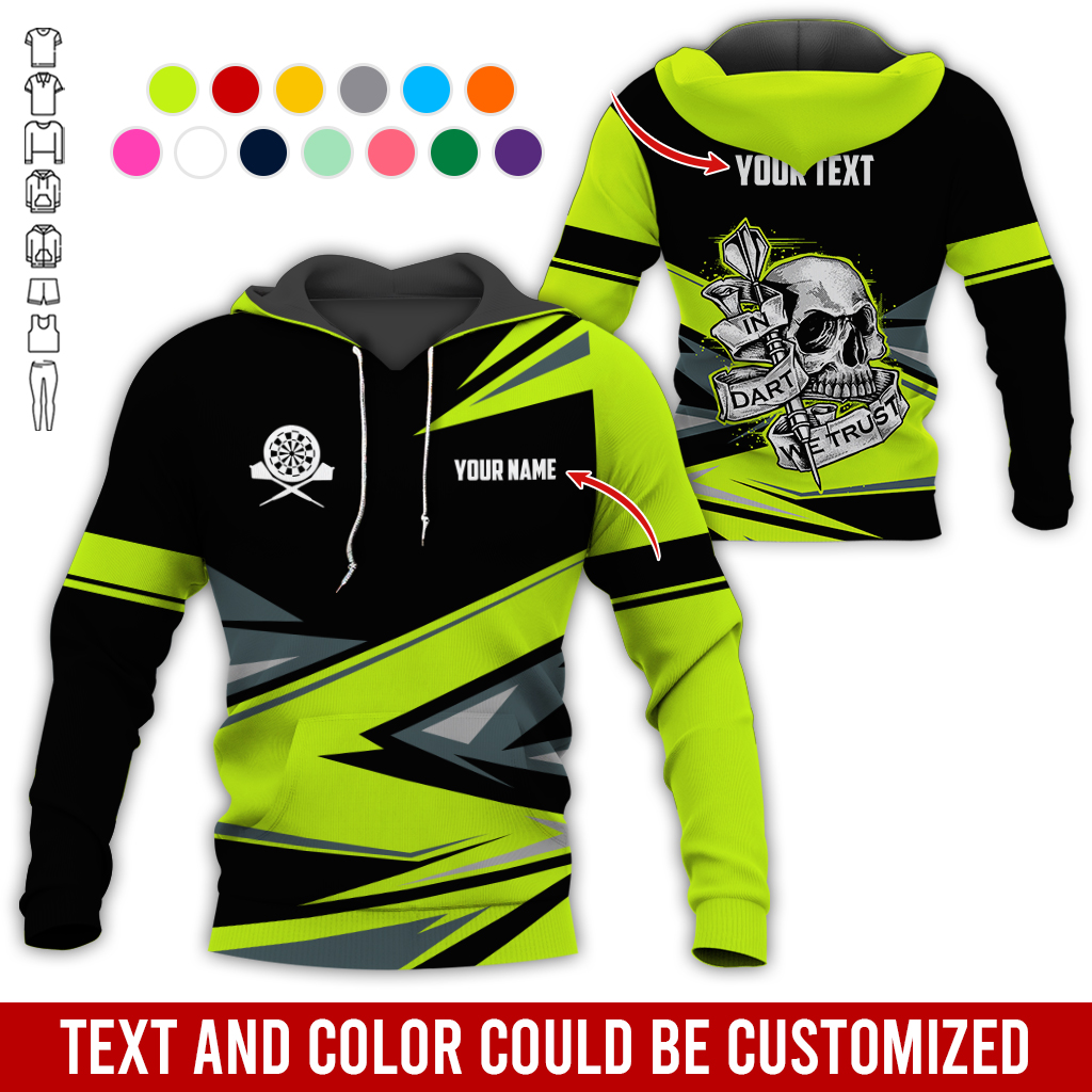 Customized Name & Text Darts Skull Premium Hoodie, In Darts We Trust Hoodie For Men & Women, Perfect Gift For Darts Lovers, Friend, Family
