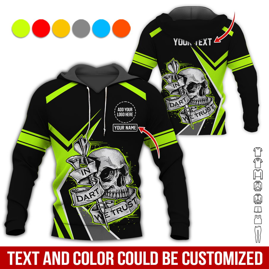 Personalized Darts Skull Premium Hoodie ,Customized Name Text & Logo In Darts We Trust Hoodie, Perfect Gift For Darts Lovers, Darts Player