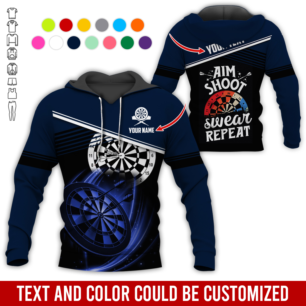 Customized Name & Text Darts Premium Hoodie, Aim Shoot Swear Repeat Darts Hoodie, Perfect Gift For Darts Lovers, Darts Player