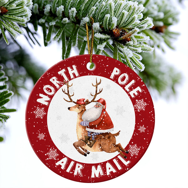 Santa Claus Ceramic Christmas Ornament - North Pole Air Mail Circle Ceramic Ornament, Perfect Gift For Christmas, Holiday Decor