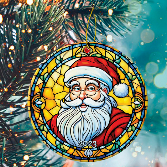 Santa Claus Ceramic Christmas Ornament - Santa Claus Portrait Stained Glass Circle Ceramic Ornament,Perfect Gift For Christmas,Holiday Decor