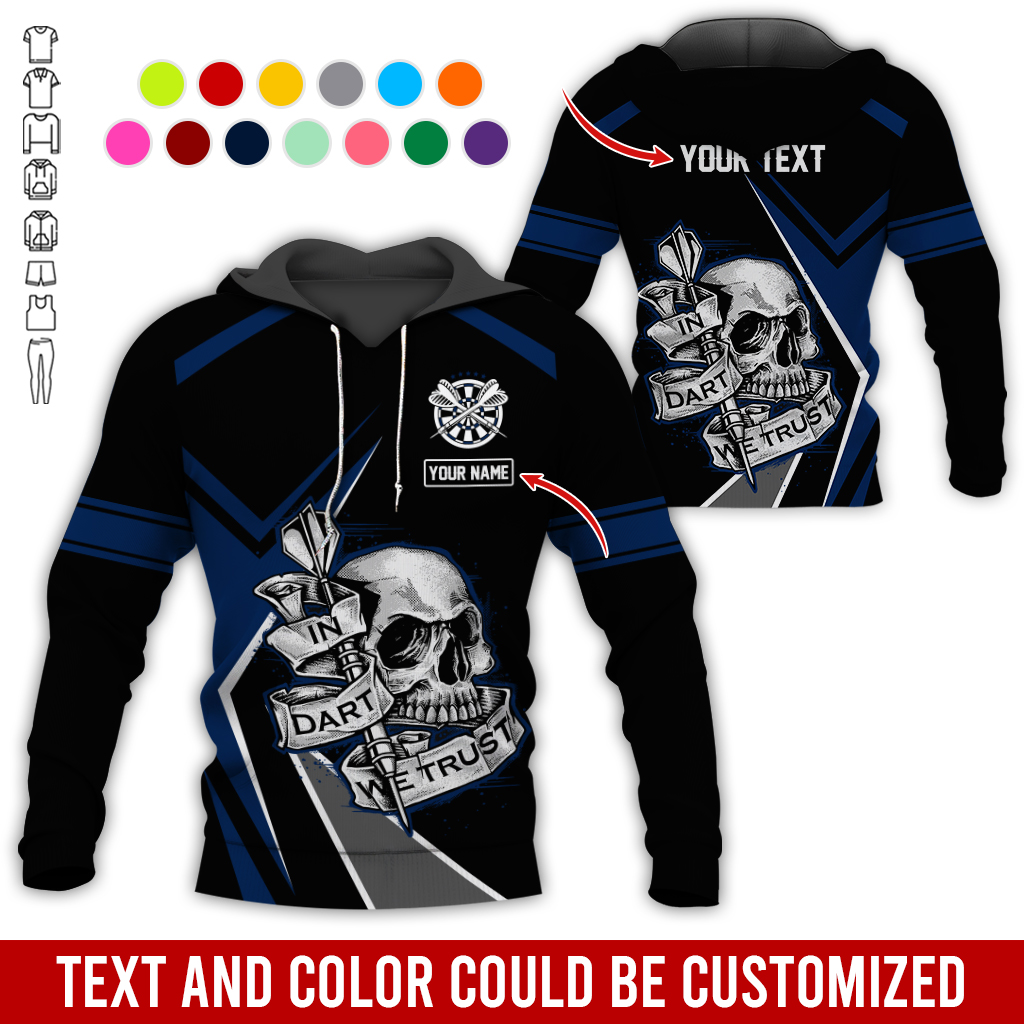 Customized Name & Text Darts Skull Premium Hoodie, In Darts We Trust Skull Pattern Colorful Hoodie, Perfect Gift For Darts Lovers, Friend, Family
