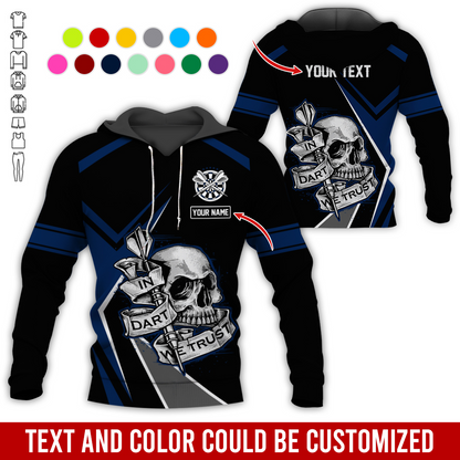 Customized Name & Text Darts Skull Premium Hoodie, In Darts We Trust Skull Pattern Colorful Hoodie, Perfect Gift For Darts Lovers, Friend, Family