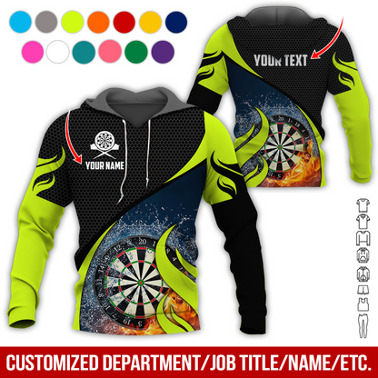 Personalized Fire & Water Darts Premium Hoodie, Customized Name & Text Darts Hoodie, Honeycomb Pattern Hoodie, Perfect Gift For Darts Lovers, Darts Player