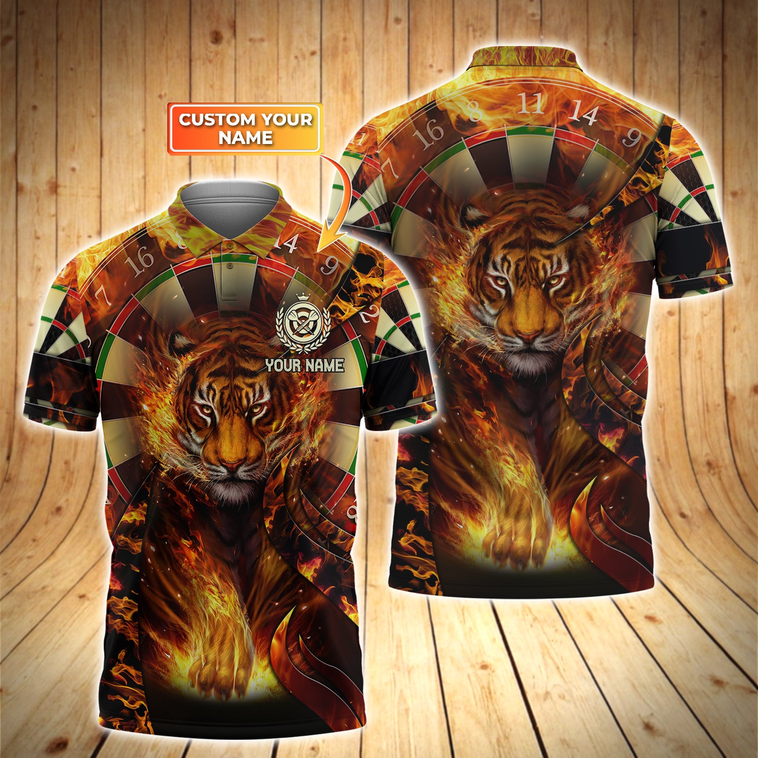 Personalized Darts Polo Shirt - Custom Name Fire Tiger Darts Polo Shirt - Tiger And Darts Polo Shirt For Dart Team, Darts Lover