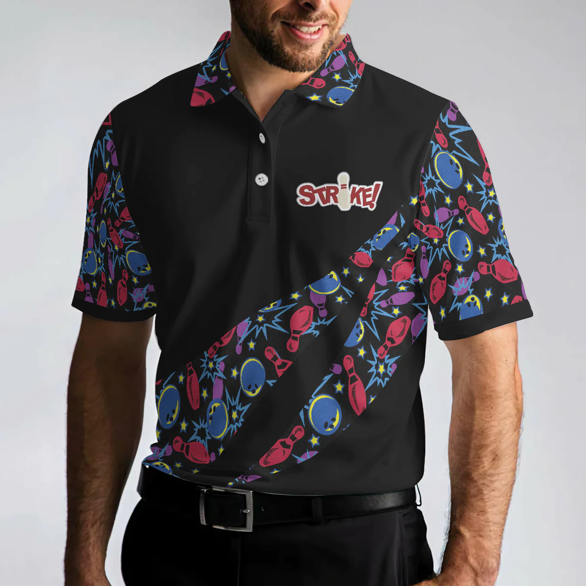 Bowling Men Polo Shirt - Split Happen Polo Shirt, Bowling Ball & Pin Seamless Pattern Bowling Polo Shirt - Gift For Friend, Family, Bowling Lovers