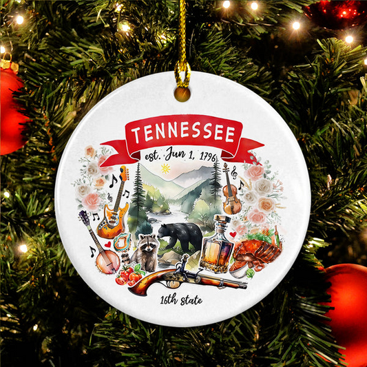 Tennessee State Ceramic Christmas Ornament - Tennessee State Themes And Landmarks Circle Ceramic Ornament, Perfect Gift For Christmas