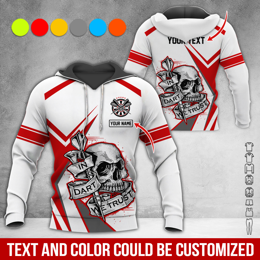 Customized Name & Text Darts Skull Premium Hoodie, In Darts We Trust White Hoodie For Men & Woman, Perfect Gift For Darts Lovers, Darts Player