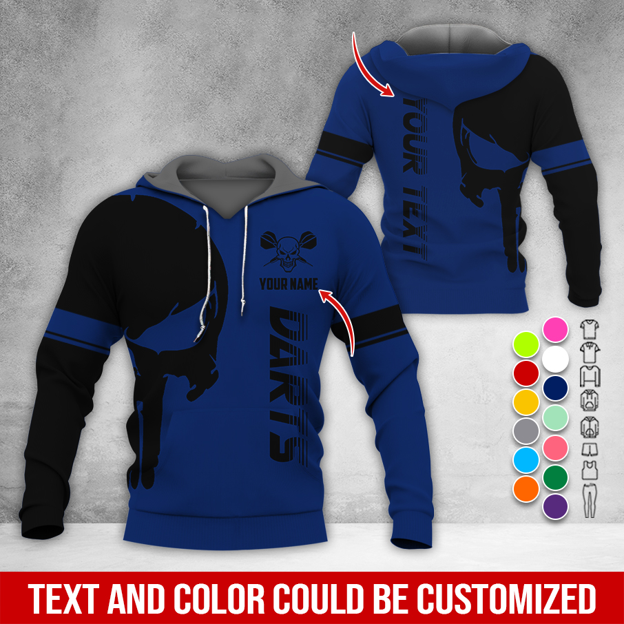 Customized Name & Text Darts Skull Premium Hoodie, Skull & Darts Pattern Hoodie, Perfect Gift For Darts Lovers, Friend, Family