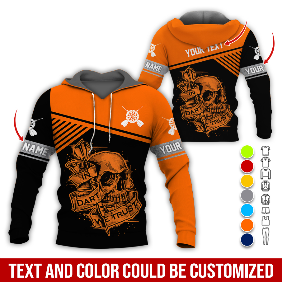 Customized Name & Text Darts Skull Premium Hoodie, In Darts We Trust Skull Pattern Hoodie, Perfect Gift For Darts Lovers, Darts Player
