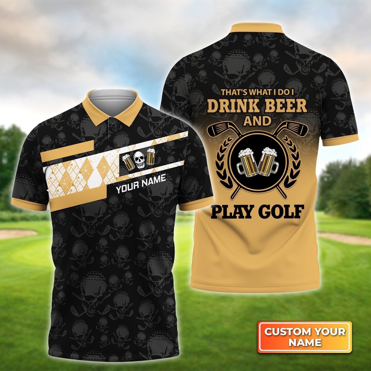 Personalized Golf Men Polo Shirt - Custom Name Skull Shirt, That's What I Do I Drink Beer And Play Golf Men Polo Shirt For Golf and Beer Lover