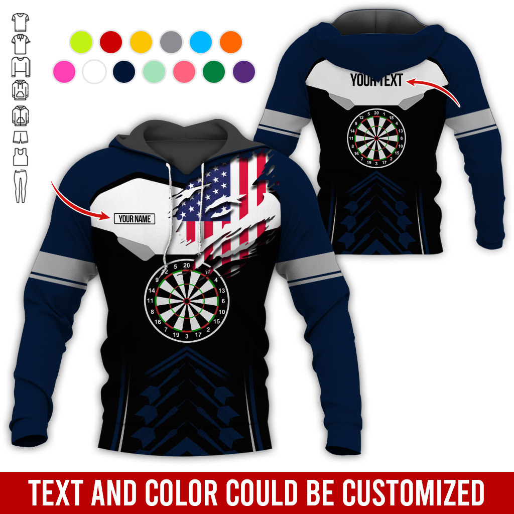 Personalized American Flag Darts Premium Hoodie, Customized Name & Text Darts Black & White Hoodie, Perfect Gift For Darts Lovers, Darts Player