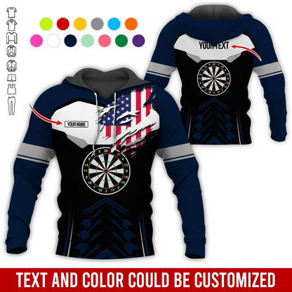 Personalized American Flag Darts Premium Hoodie, Customized Name & Text Darts Black & White Hoodie, Perfect Gift For Darts Lovers, Darts Player