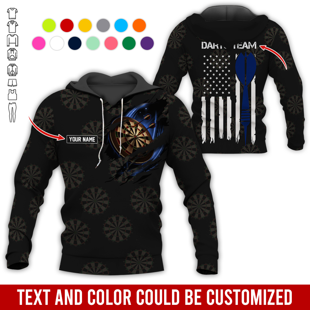 Customized Name & Team Name Darts Premium Hoodie, American Flag & Darts Pattern Black Hoodie, Perfect Gift For Darts Lovers, Friend, Family