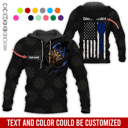 Customized Name & Team Name Darts Premium Hoodie, American Flag & Darts Pattern Black Hoodie, Perfect Gift For Darts Lovers, Friend, Family