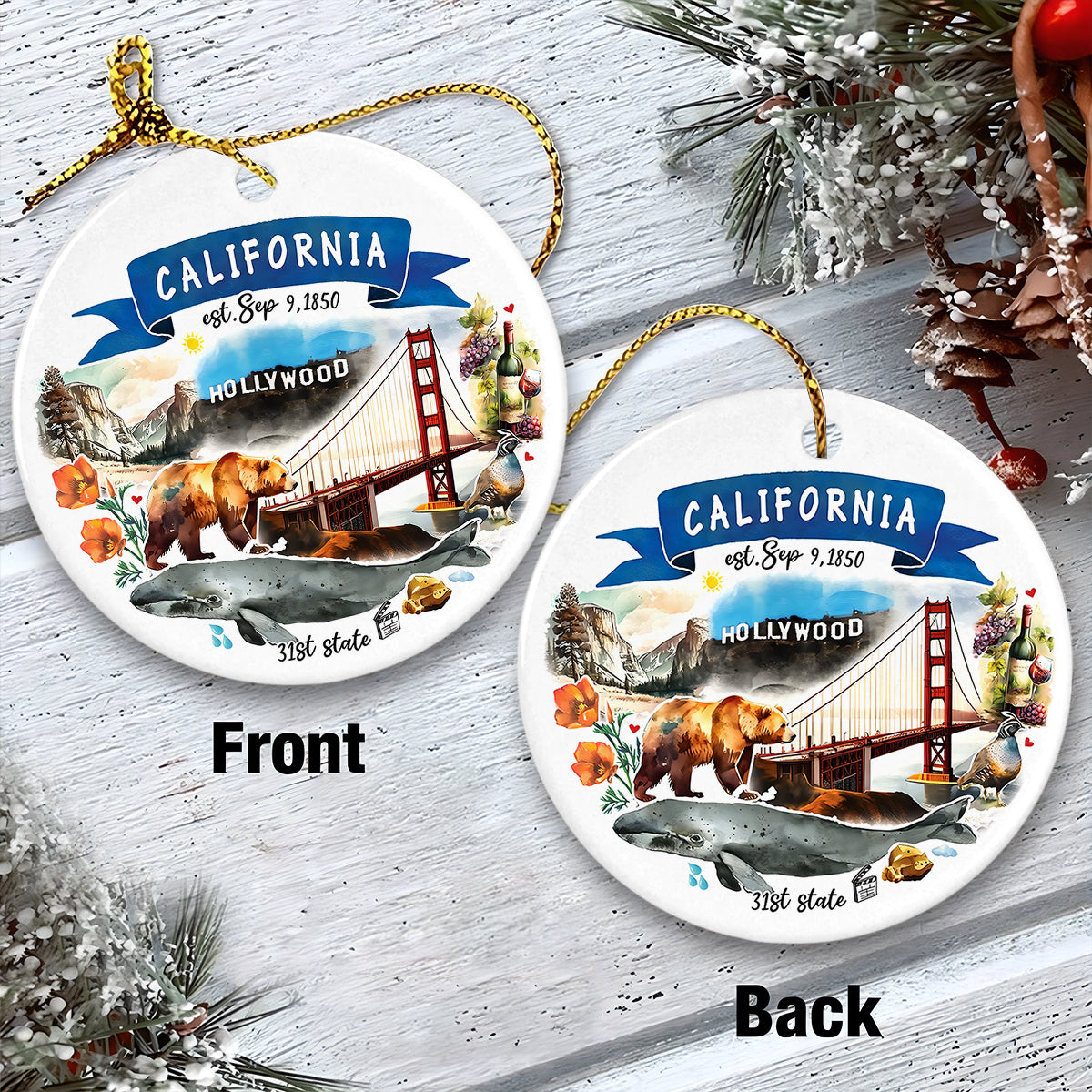 California State Ceramic Christmas Ornament - California State Themes And Landmarks Circle Ceramic Ornament, Perfect Gift For Christmas