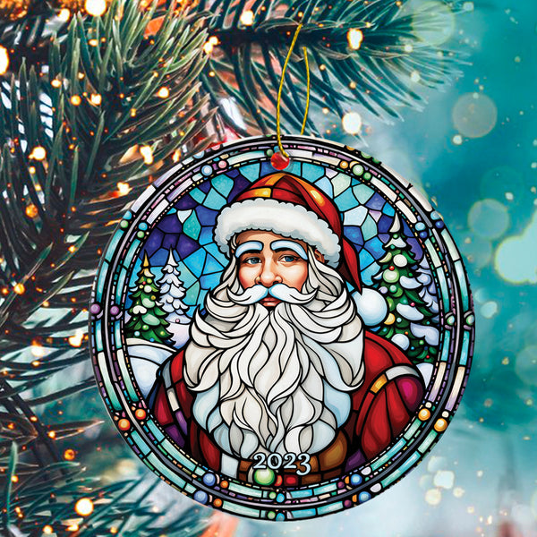 Santa Claus Ceramic Christmas Ornament - Santa Claus Stained Glass 2023 Circle Ceramic Ornament, Perfect Gift For Christmas, Holiday Decor