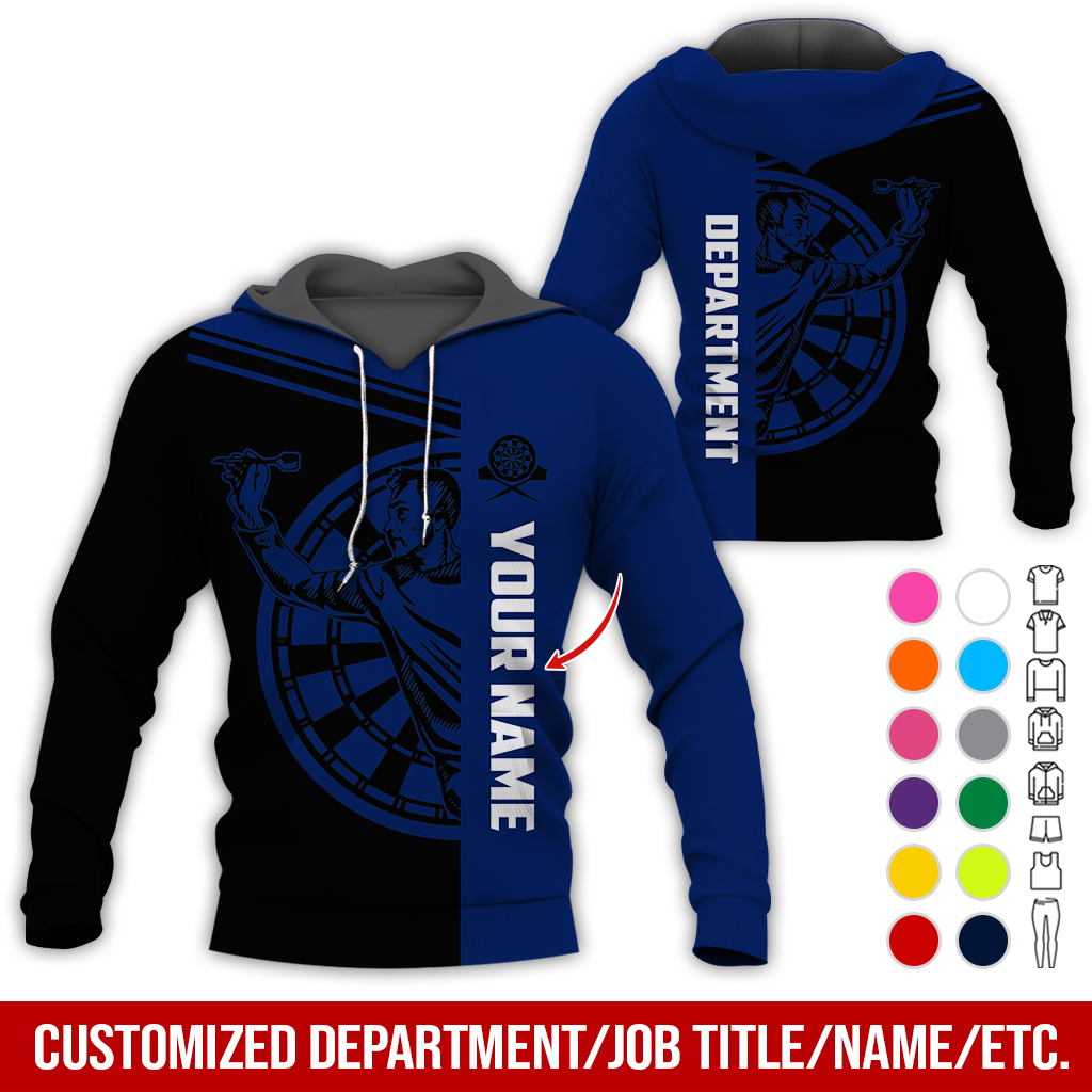 Customized Name & Department Darts Premium Hoodie, Man Playing Darts Pattern Black Hoodie, Perfect Gift For Darts Lovers, Friend, Family