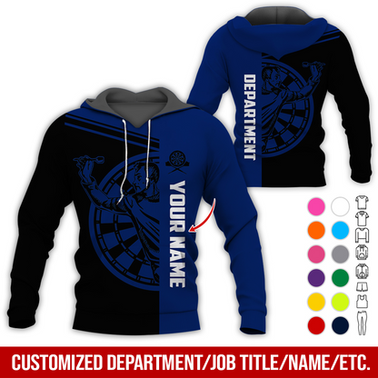 Customized Name & Department Darts Premium Hoodie, Man Playing Darts Pattern Black Hoodie, Perfect Gift For Darts Lovers, Friend, Family
