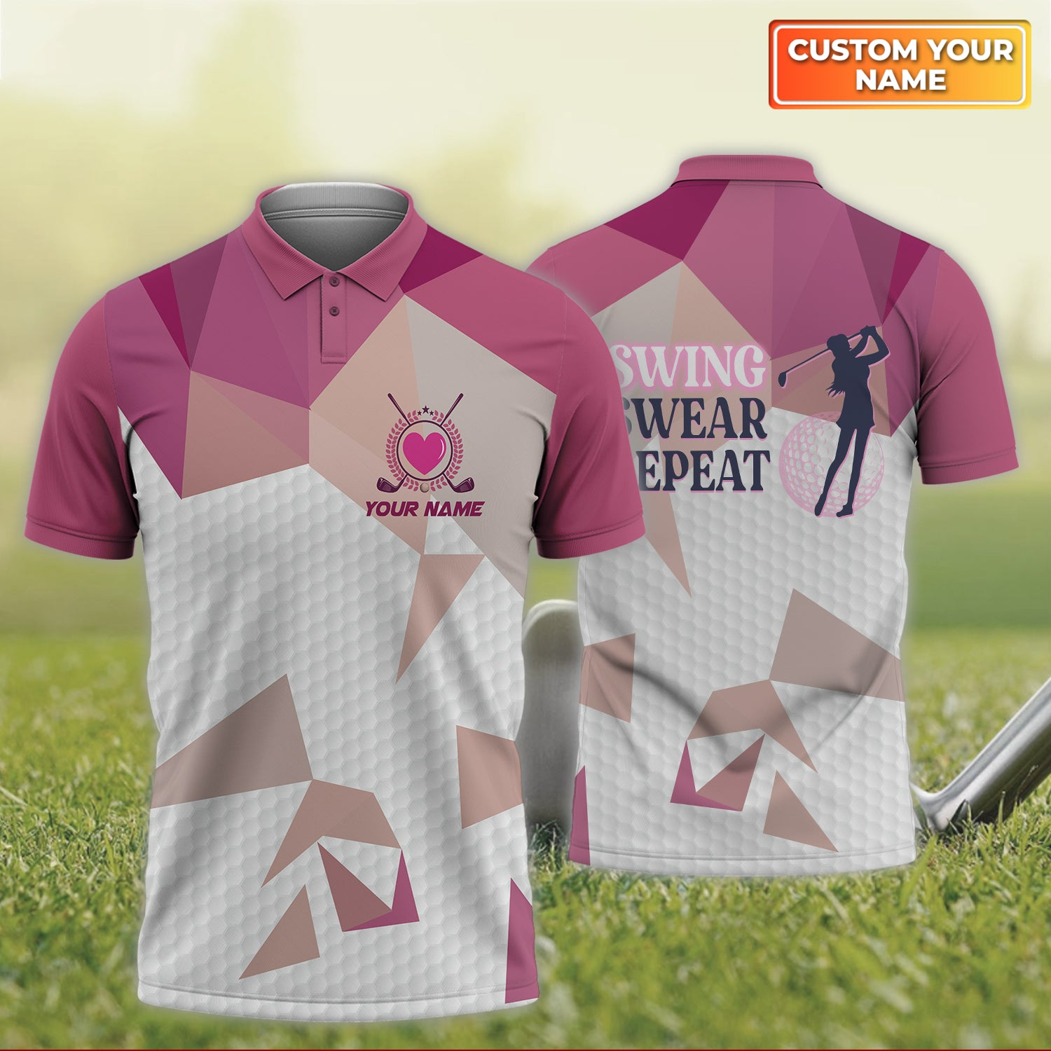 Personalized Golf Men Polo Shirt - Custom Name White & Pink Polo Shirt, Swing Swear Repeat Golf Men Polo Shirt For Golf Lover